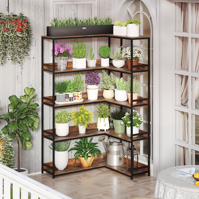 Metal and Wood L-Shaped Bookshelf 5-Tier Corner Shelf with Anti-Tip Kits - 43.5" L x 35" W x 71" H