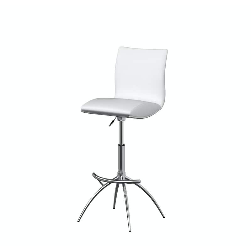 Set of Two White And Silver Faux Leather And Metal Low Back Adjustable Height Bar Chairs