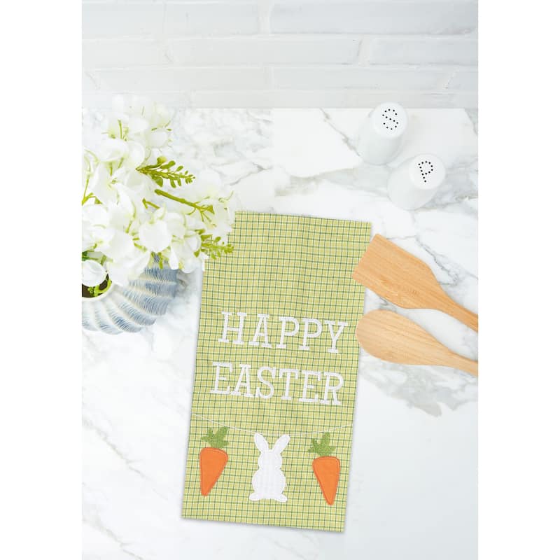 27" x 18" "Happy Easter" Sentiment Easter Bunny with Carrots on Green Check Backgound Cotton Kitchen Dish Towel