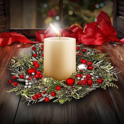 14" Frosted Mixed Ball Berry Pine Candle Ring - Red Green Silver