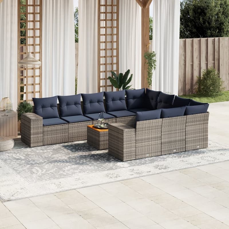 vidaXL 11 Piece Patio Sofa Set with Cushions Gray Poly Rattan - 122x33.5x92.1