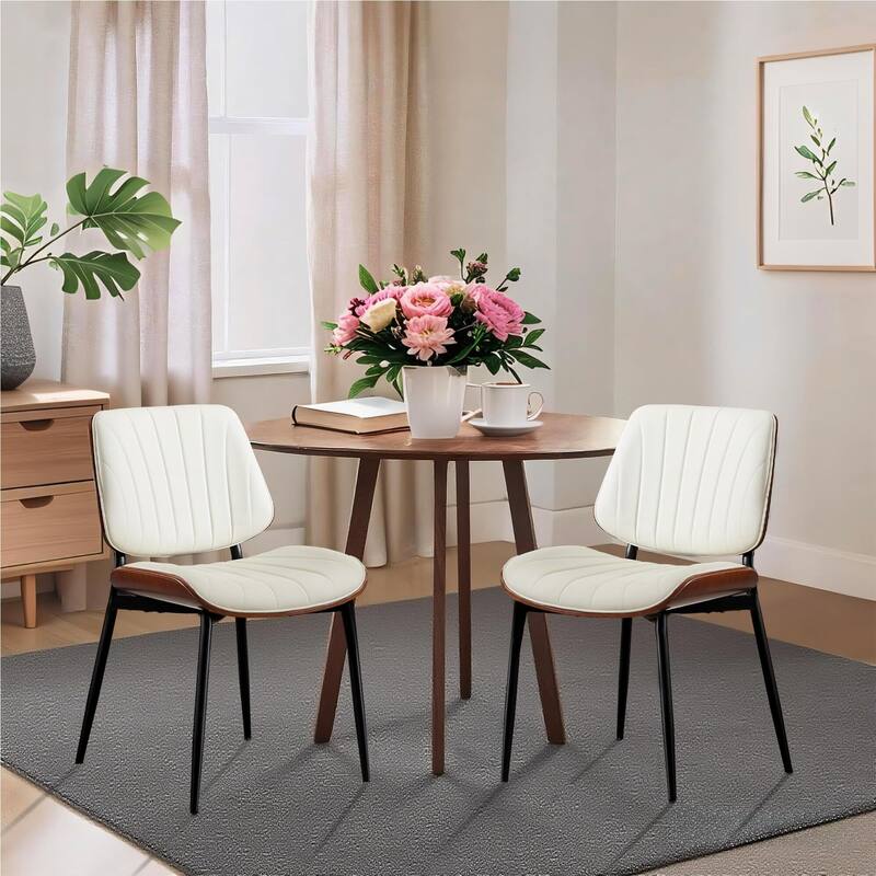 Dining Chairs Set of 2, Modern PU Leather Upholstered Accent Chairs with Shell Strips, Walnut Bentwood Back
