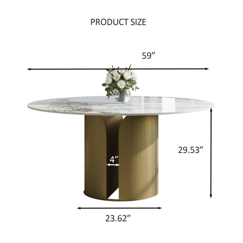 59" Modern Round Dining Table For 6-8, Glossy Sintered Stone Table Top, White Kitchen Table With Stainless Steel Base