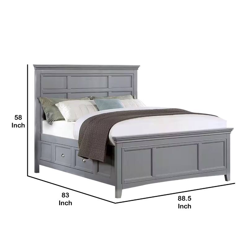 Lile King Bed with Crown Moulding, Storage Drawers, Gray Solid Wood