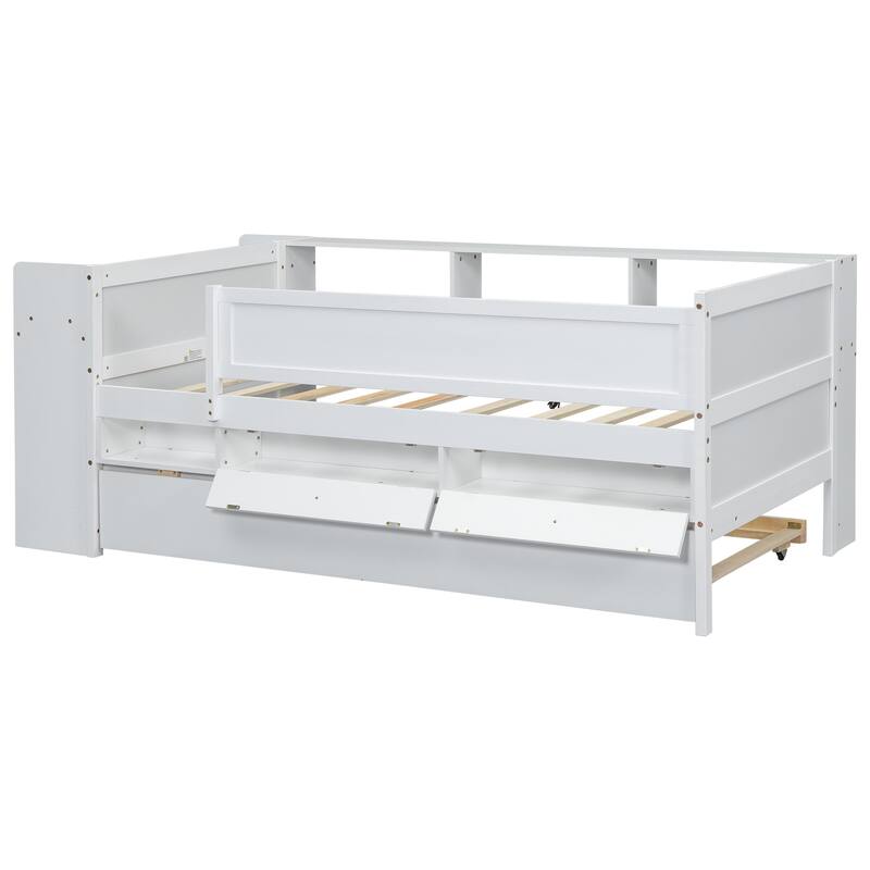 Multi-Functional Twin Daybed with Storage, Trundle, Desk, and USB Charging Station, White