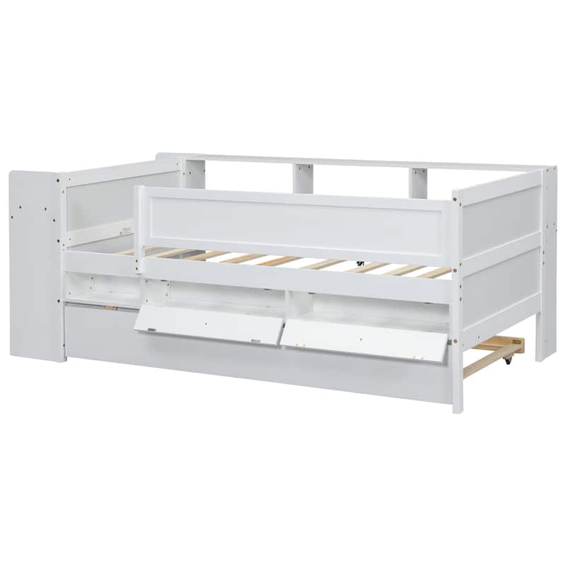 White Multi-Functional Twin Daybed with Headboard Storage, Drawers, Trundle
