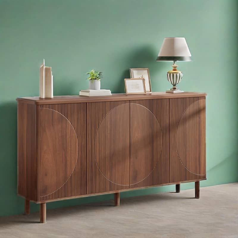 Modern Walnut Buffet Cabinet with Semicircle Doors and 4 Tier Storage for Living or Dining Room - 59.44" x 14.17" x 33.85"