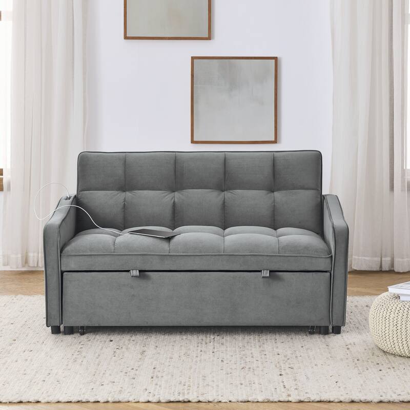 Loveseats Sofa Bed with Pull-out Bed,Adjsutable Back and Two Arm Pocket