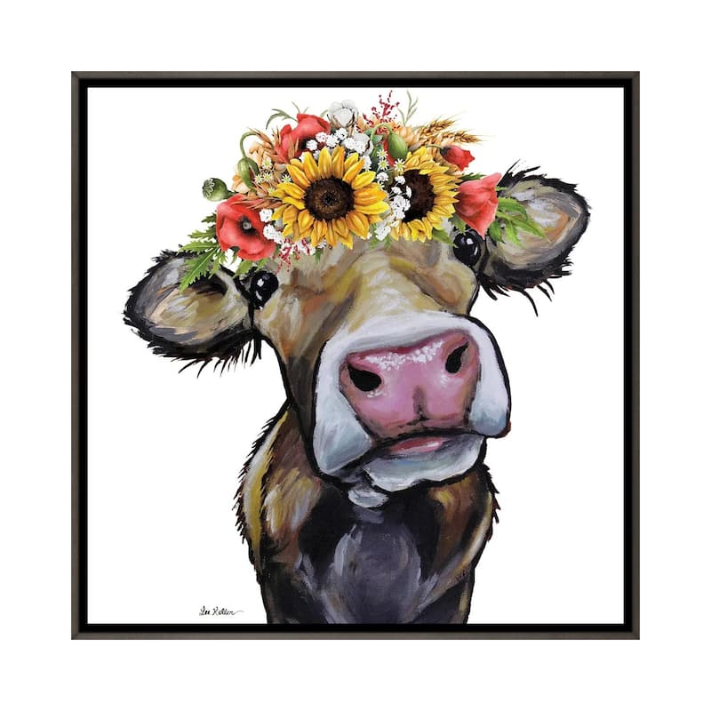 iCanvas "Cow Sunflower Art, Hazel" by Hippie Hound Studios Framed - 18x18 - Charcoal