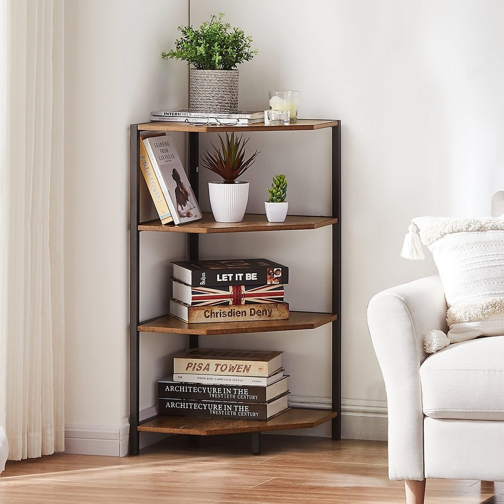 Javlergo Free-Standing 4-Tier Industrial Corner Bookcase Triangle Open Shelf with MDF & Metal Frame for Living Room