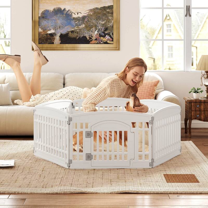 Costway 6/12 Panel Plastic Dog Playpen with Lockable Gate for Small &