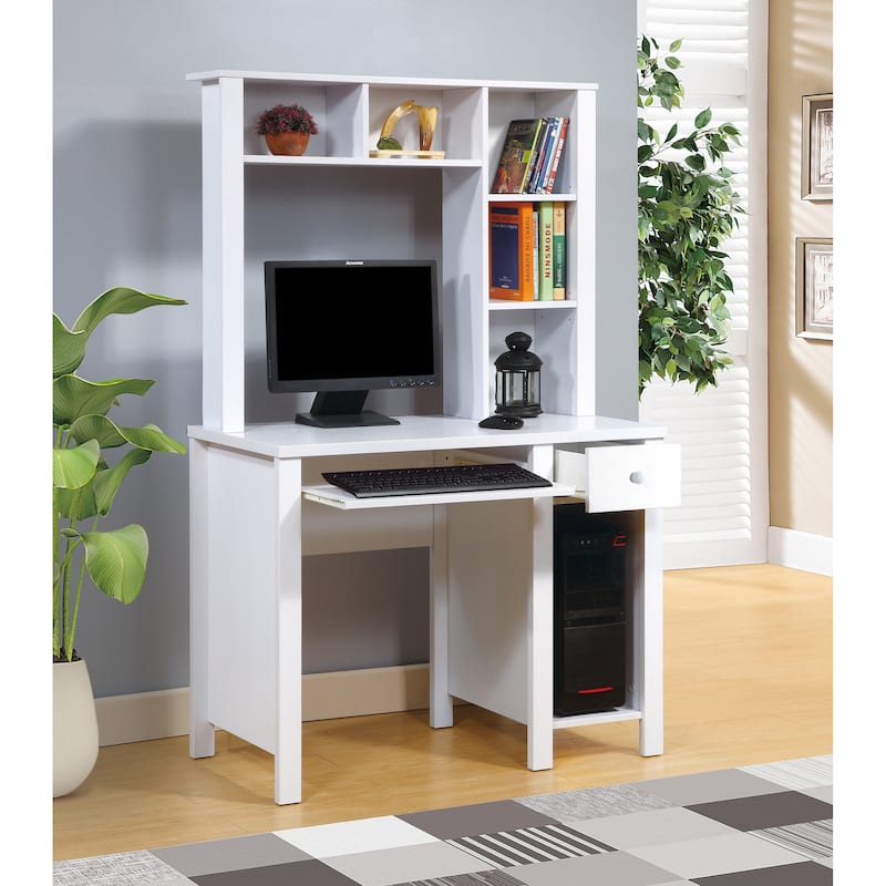 Desk with Attached Hutch and Keyboard Drawer - White