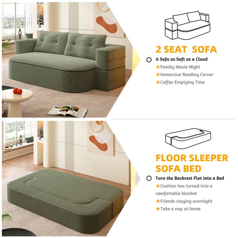 78.7 Inch Convertible Floor Sofa Bed, Plush Corduroy Sleeper Couch with Blanket and 2 Pillows, Deep Seat