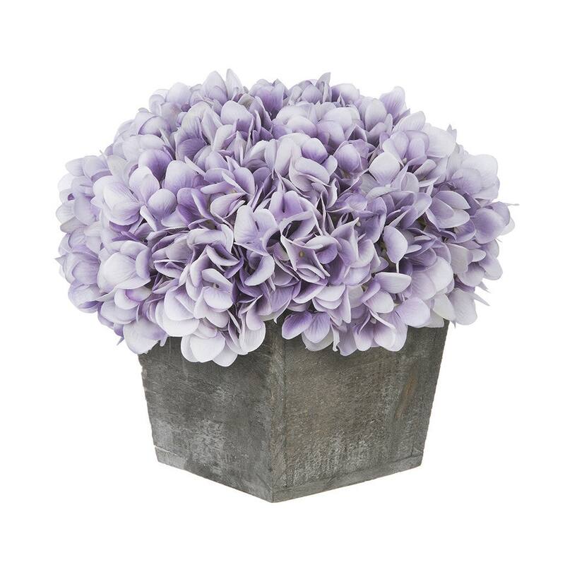 Faux Hydrangea in Grey Washed Wood Cube Planter - Lavender