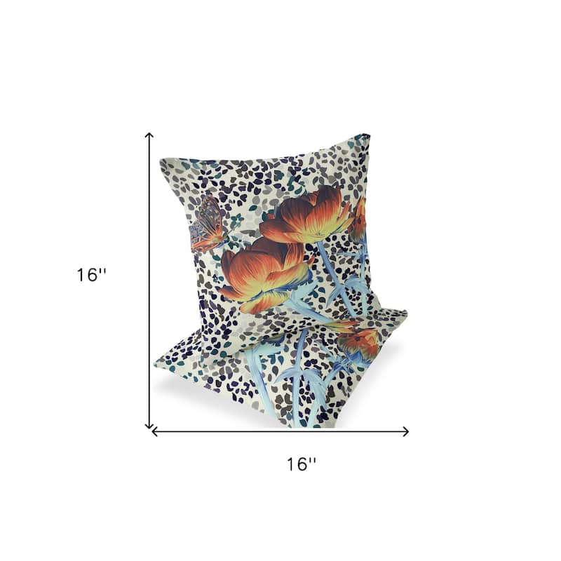 HomeRoots Set of Two 16" X 16" Blue and Orange Butterfly Blown Seam Floral Indoor Outdoor Throw Pillow