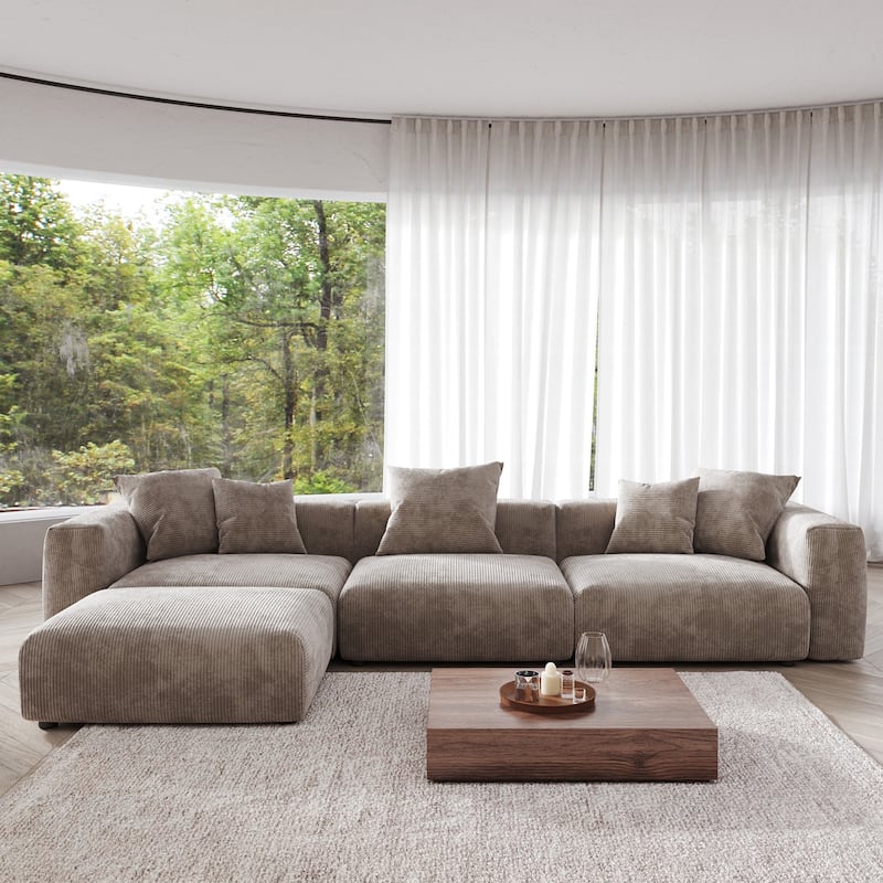 4-Piece L-Shape Sectional Sofa Corduroy Upholstered Couch with Ottoman - Light Brown