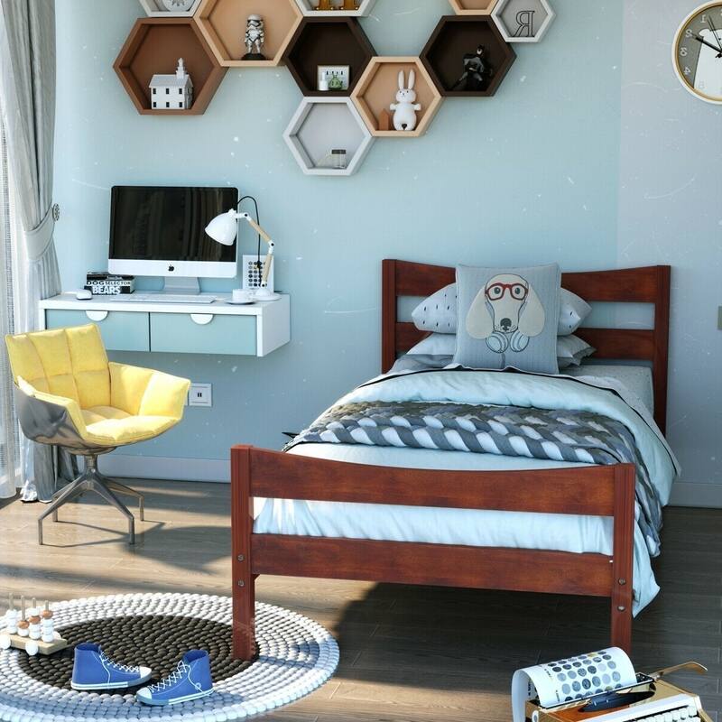 Walnut Pine Wood Twin Platform Bed with Slat Support and Underbed Storage