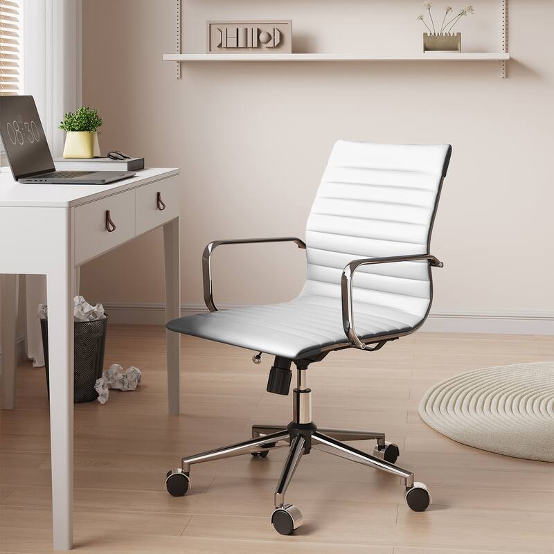 CAROCC Ribbed Computer Office Chair Swivel Lift tilt function Ergonomic Premium Leather Desk Armchair - White