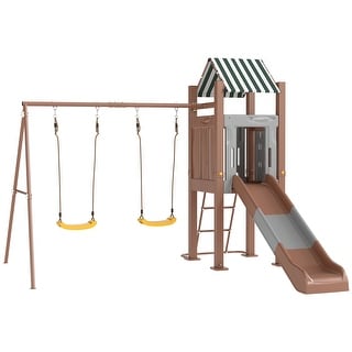 Qaba Kids Swing Set for Backyard, Playground Set with 6 FT Slide, 2 Adjustable Swings, Fort with Canopy, Ground Stakes, Brown