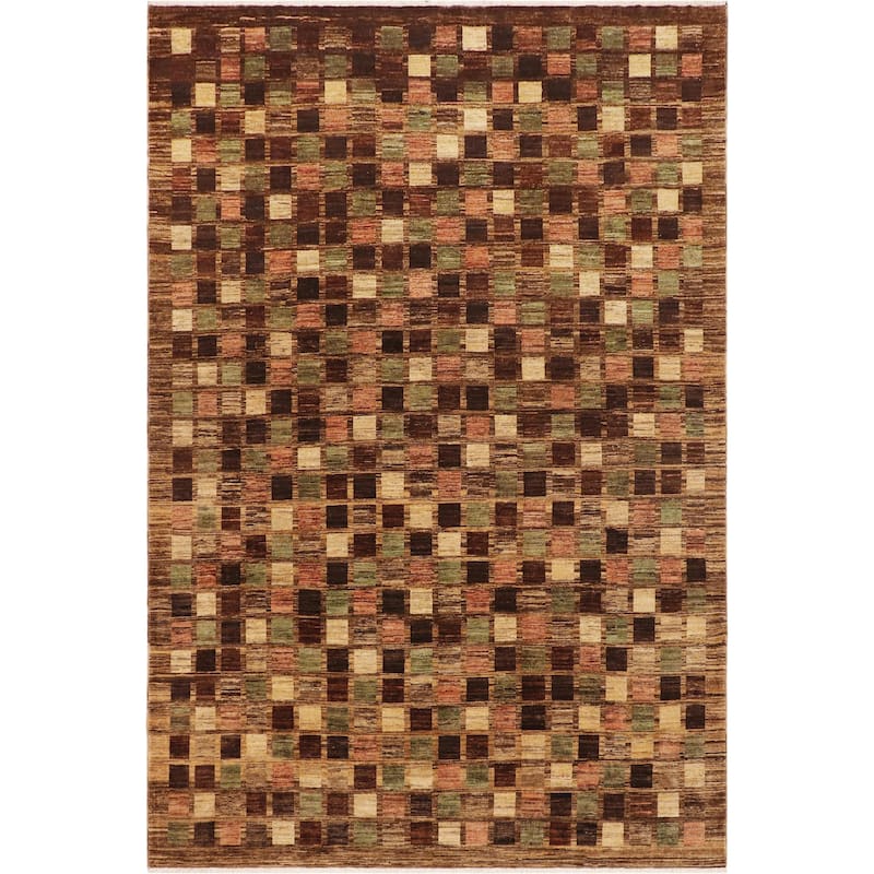 Chromatic Mosaic Gabbeh Hand Knotted Wool Rug - 8'11'' x 11'7'' - Brown/Tan/Green/Rust