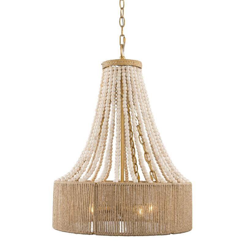 4-Light Golden Farmhouse Wood Bead Chandelier