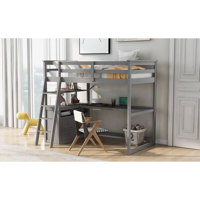 Loft Bed with Desk and Shelves, Two Built-in Drawers