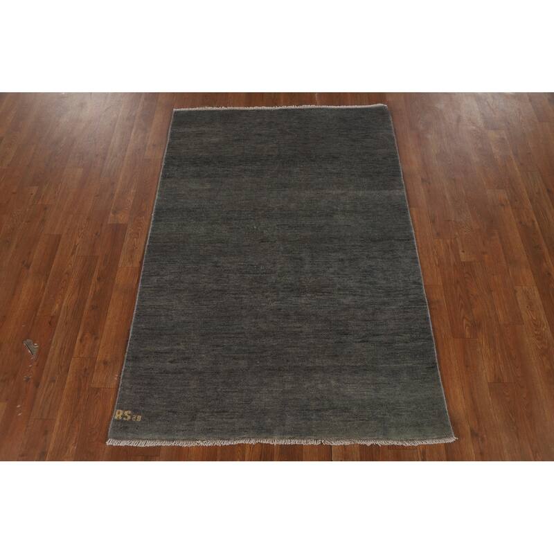 Gray Gabbeh Oriental Rug Hand-Knotted Solid Wool Carpet - 3'4" x 4'11"