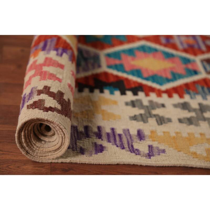 Orange Geometric Kilim Oriental Area Rug Hand-Woven Wool Carpet - 8'10"x 9'10"