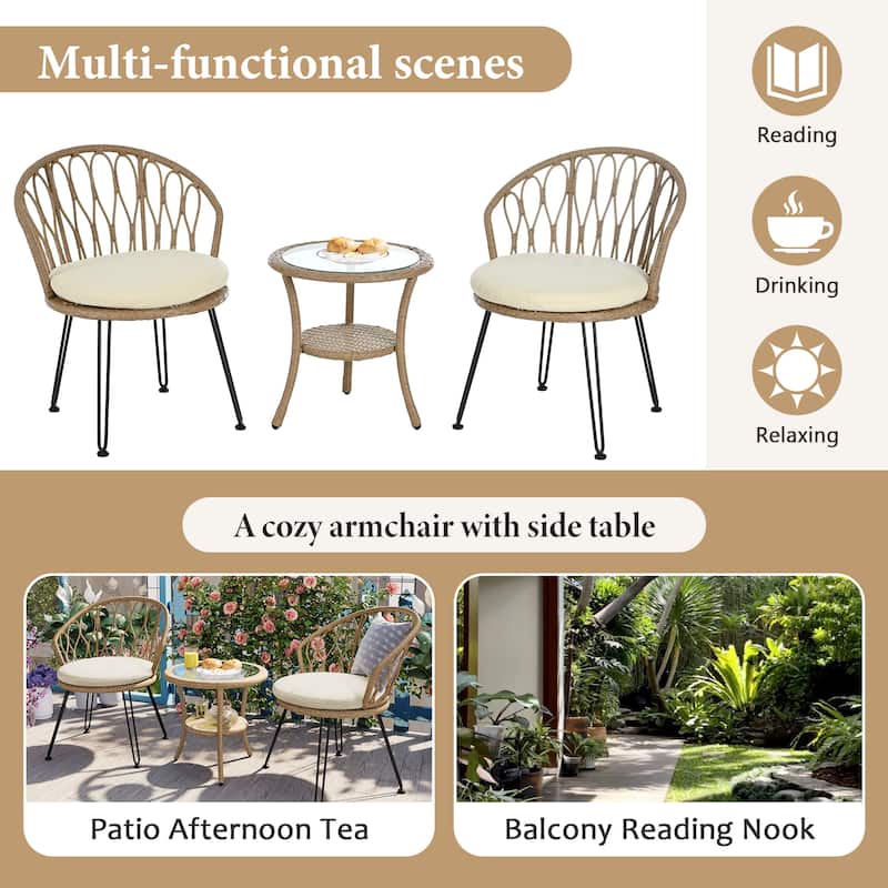 Outdoor Rattan Chairs with Glass Round Table for Patios (Set of 3)