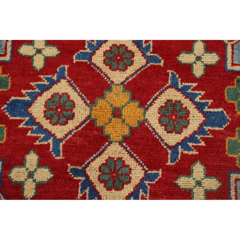 Blue Geometric Kazak Oriental Accent Rug Handmade Wool Carpet - 3'4" x 4'9"