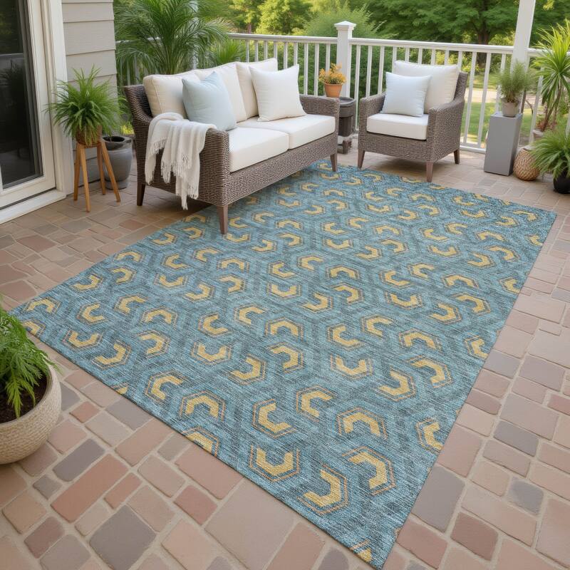 Machine Washable Indoor/ Outdoor Modern Zoa Chantille Rug - Teal - 9' x 12'