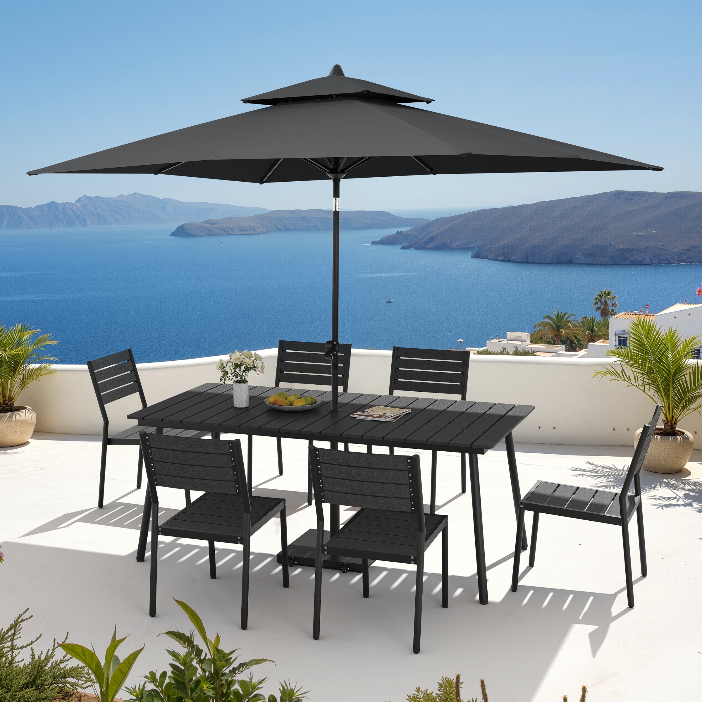 9PC Outdoor Patio Dining Set Aluminum Table with Stackable Chairs w/ Premium Market Umbrella Sets