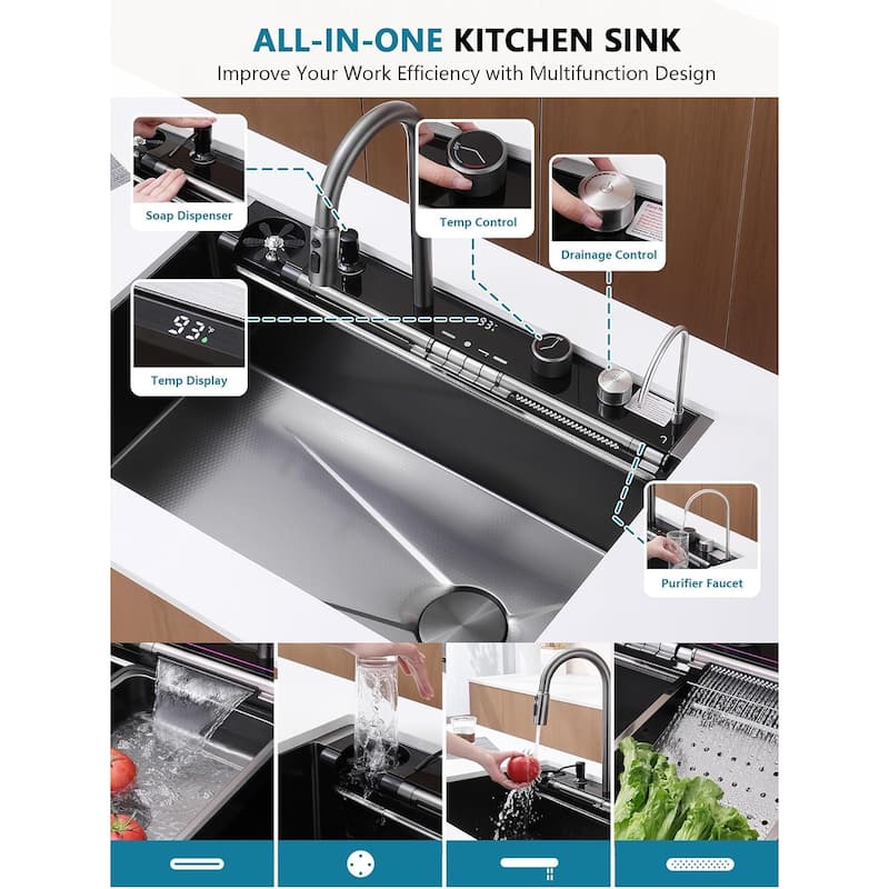 Lefton New 33"x22" Stainless Steel Waterfall Kitchen Sink with Temperature Display in Fahrenhei, KS2207L-PRO - 33" x 22"