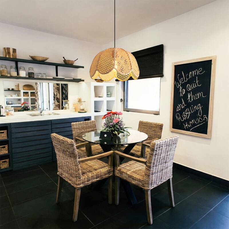 1-Light Farmhouse Flower Shaped Brown Hand-Woven Natural Rattan Hanging Pendant Light - 15.7" W x 55" H