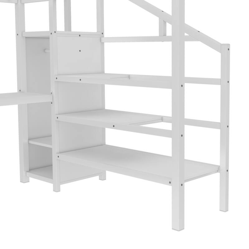 Roomfitters Queen Size Metal Loft Bed with L-Shaped Desk, USB Ports, LED Lighting & Adjustable Shelves, White