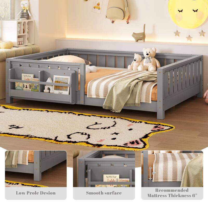 Montessori Floor Bed Low Profile Kids Bed with Rails & Bookshelf