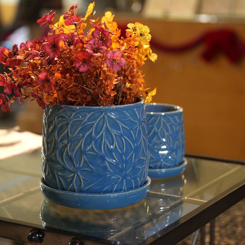 Set of 2 Handmade Modern Embossed Leaf Ceramic Planters with Saucers