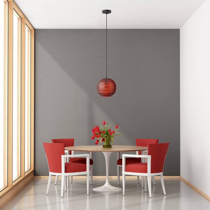 Hayley River of Goods Black Metal and Red Blown Glass 9.5-Inch Pendant Light with Adjustable Hanging Cord - 9.5" x 9.5" x 64"