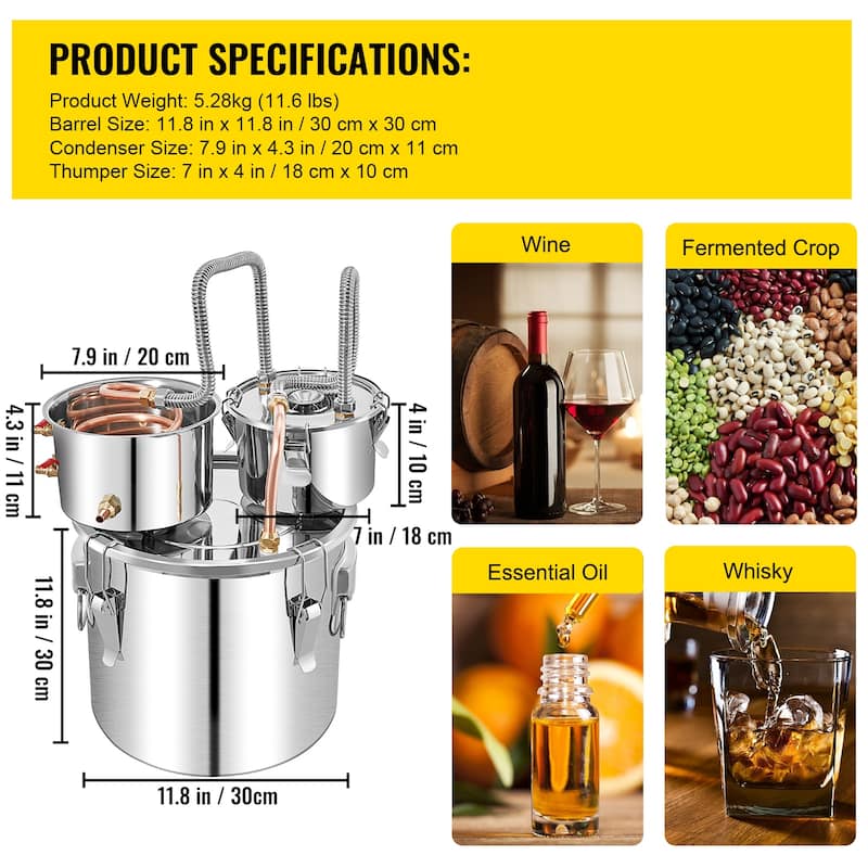 Alcohol Still 5 Gal 19L Water Alcohol Distiller Copper Tube With Circulating Pump Home Brewing Kit Build-in Thermometer , 3 Pots