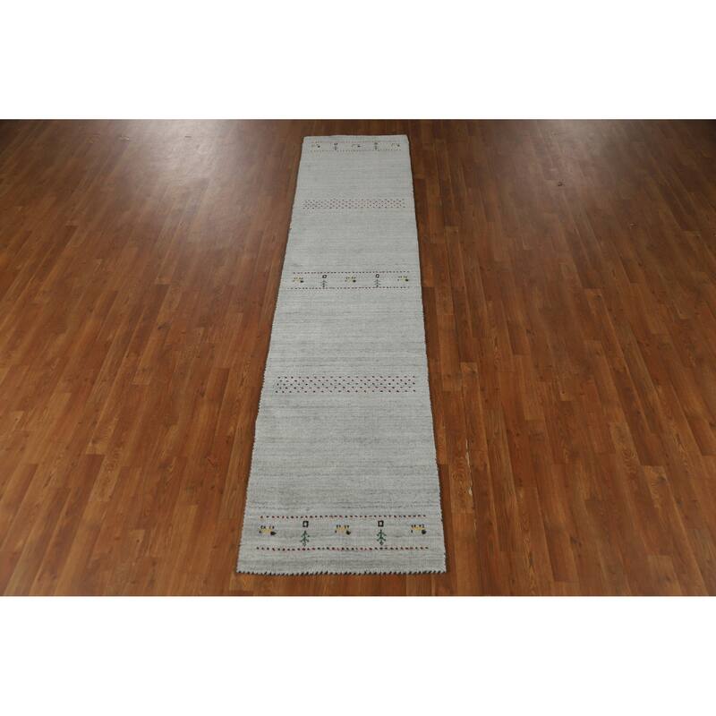 Grey Tribal Gabbeh Indian Runner Rug Hand-Knotted Wool Carpet - 2'4" x 9'8"
