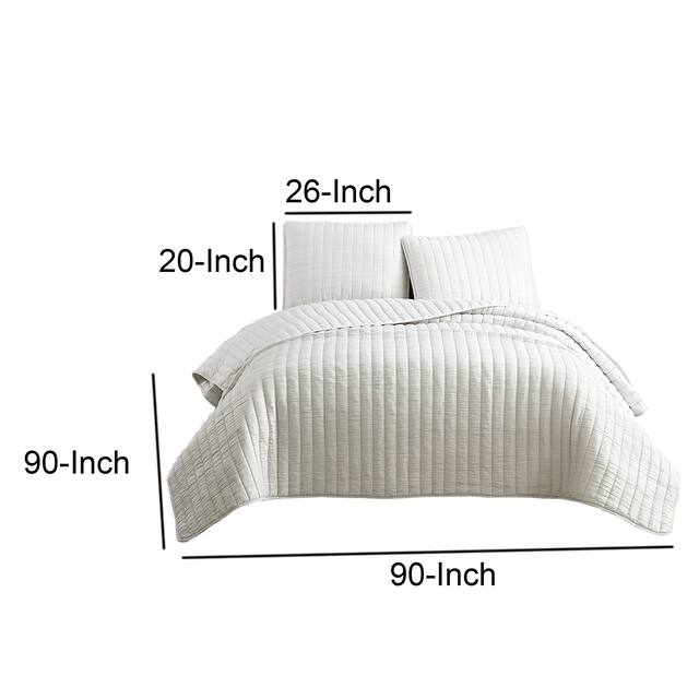 3 Piece Crinkle Queen Size Coverlet Set with Vertical Stitching, White