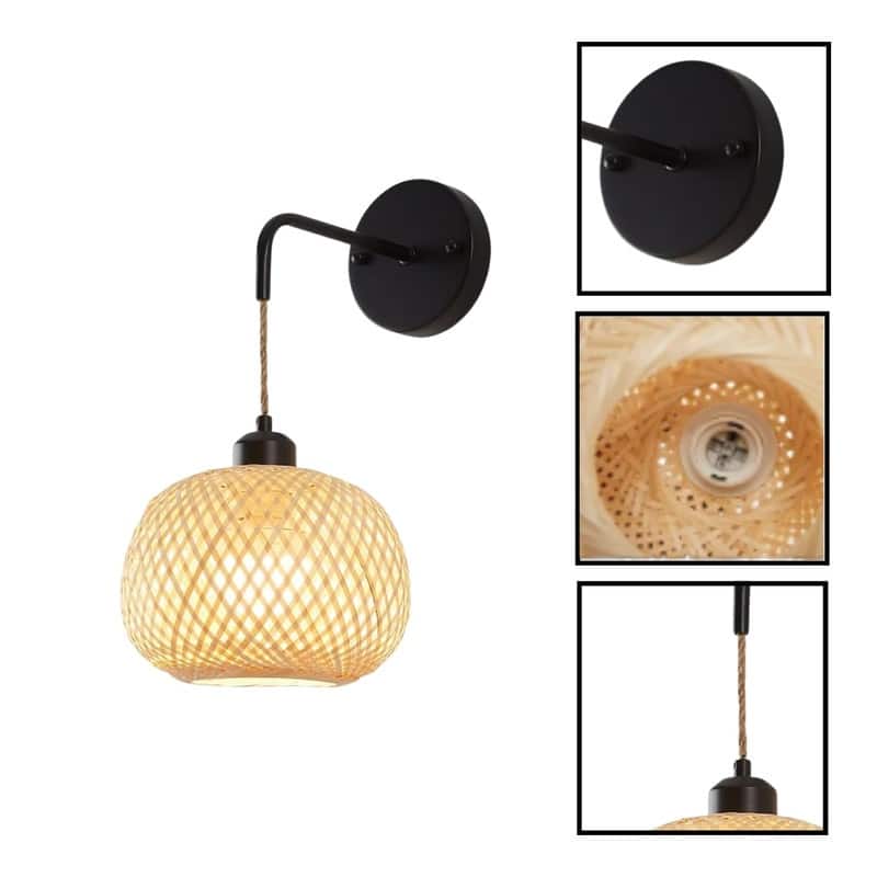 2 Pack wall sconces black wall lighting bamboo, metal wireless wall sconce