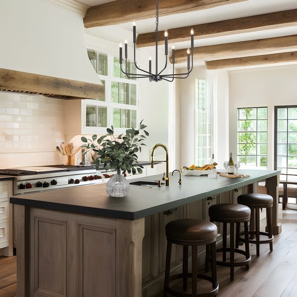 ETONIMERR 6-Light Matte Black Chandelier, Farmhouse Pendant Ceiling Light For Dining Room, Kitchen Island, Or Foyer, Adjustable Height 27.5-67 Inch, E12 Candle Sockets