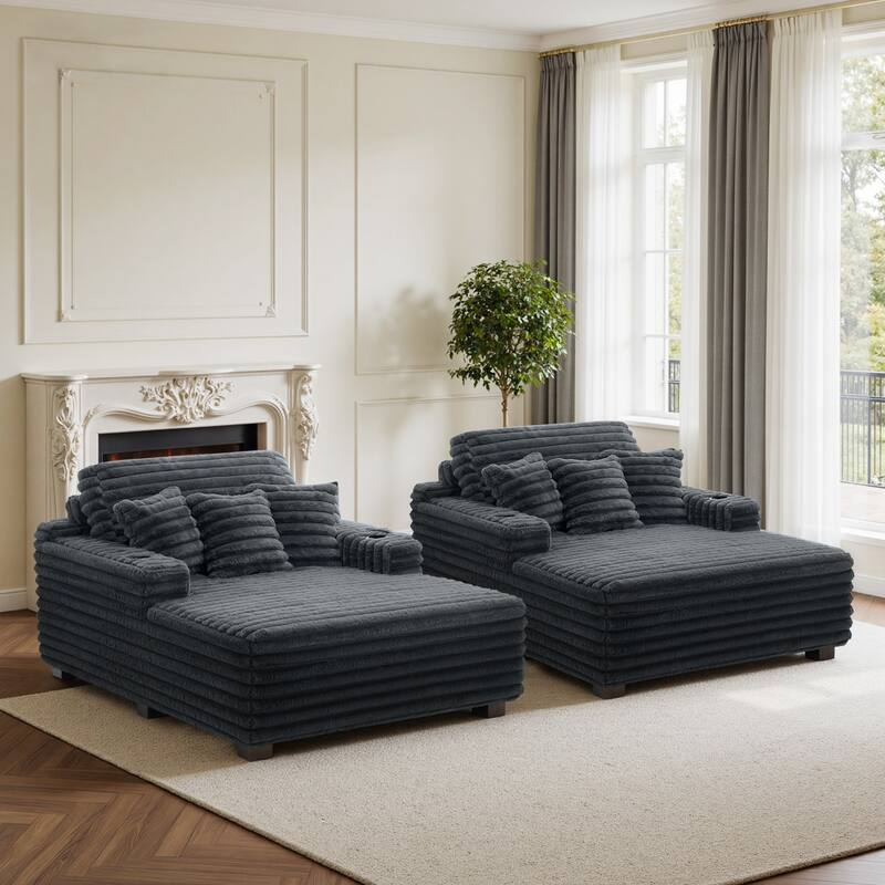 2 Set Flannel Upholstery Dual Cup Holde Chaise Lounge - Dark Grey