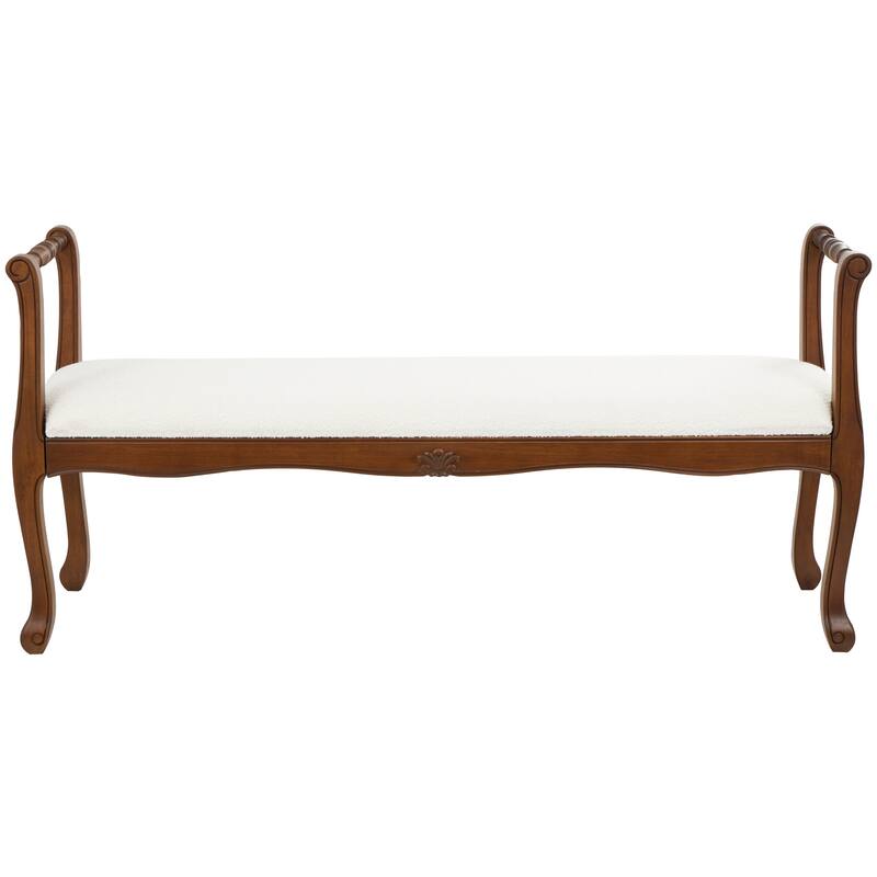 Cream Fabric Arm Home Bench with Brown Traditional Wood Turned Legs