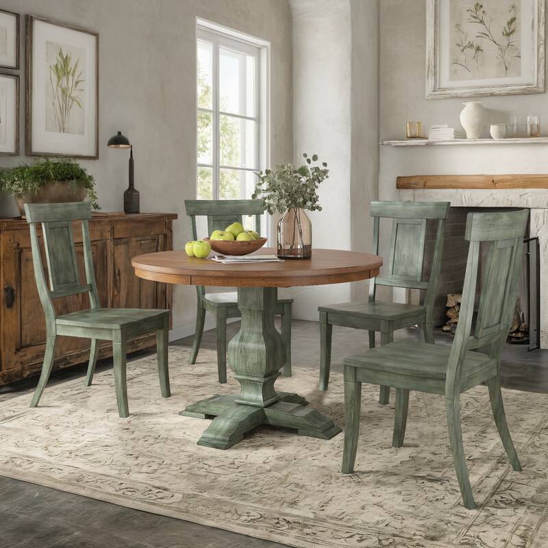Ronda 45" Round Solid Wood Top Dining Set with Panel Back Chairs - Antique Sage Green Table - Antique Sage Green Chairs
