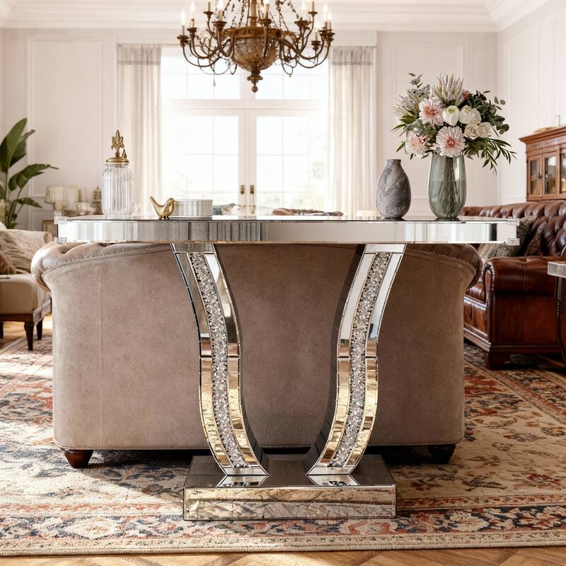 GDFStudio - Modern Glam Mirrored Console Table with Curved Legs