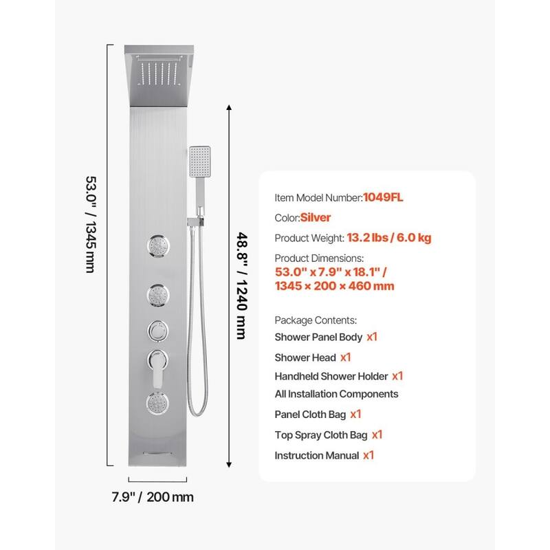 Silver Stainless Steel 5-in-1 Shower Panel Tower System with Rainfall, Waterfall, Jets and Handheld - 53.0x 7.9x 18.1 inch