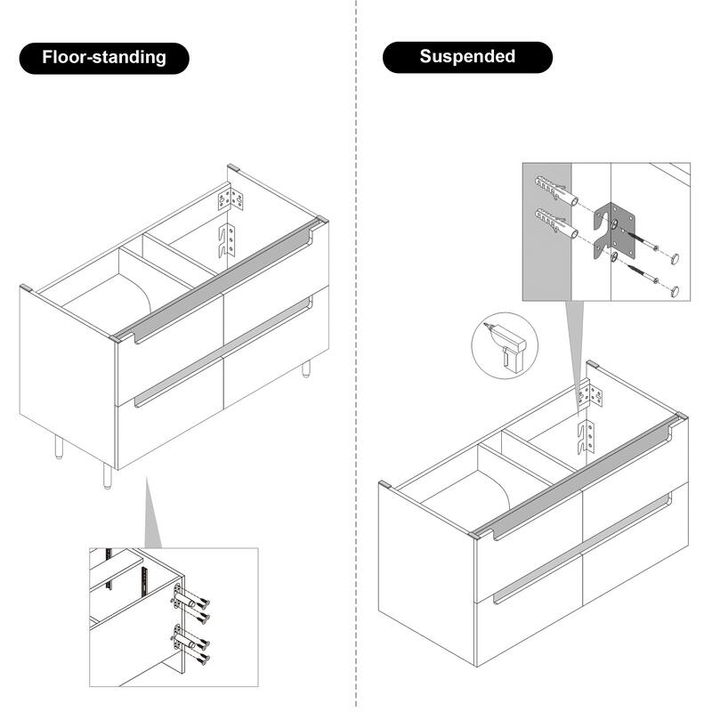 Freestanding/Wall-Mounted Bathroom Vanity with Sink, 4 Storage Drawers, Waterproof Solid Wood Frame and Detachable Iron Legs