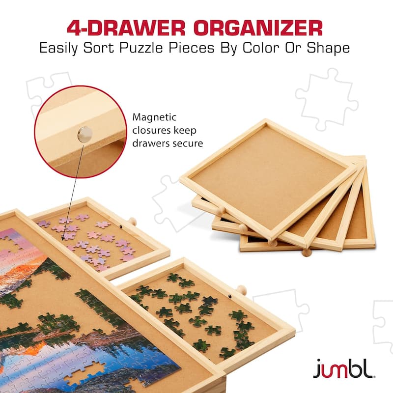 Jumbl Puzzle Board with Drawers, Foldable Legs & Cover - Wooden Jigsaw Puzzle Table - Brown
